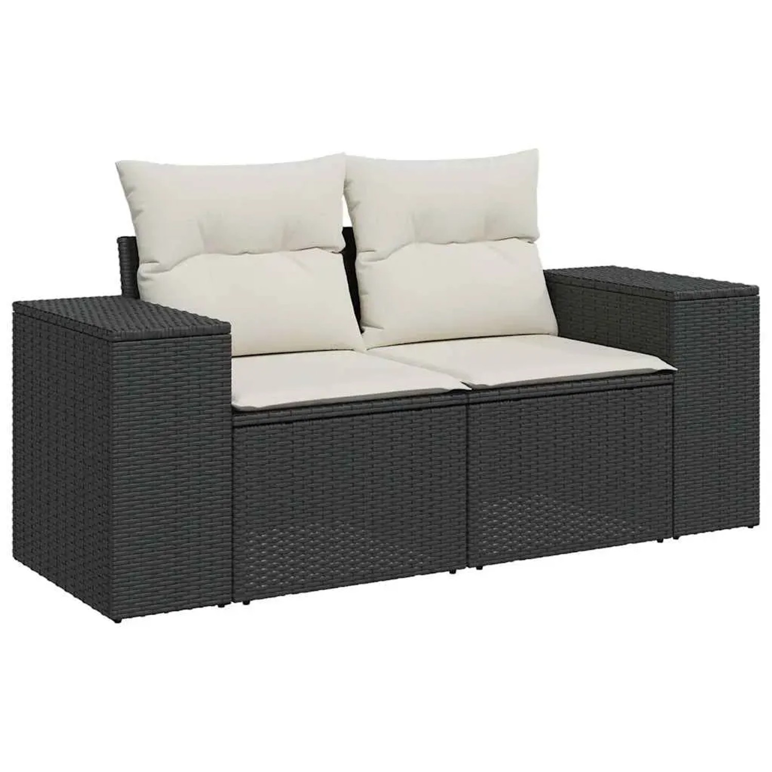 Schwarze 9-tlg. Garten-Sofagarnitur aus Poly Rattan mit cremeweißen Kissen.