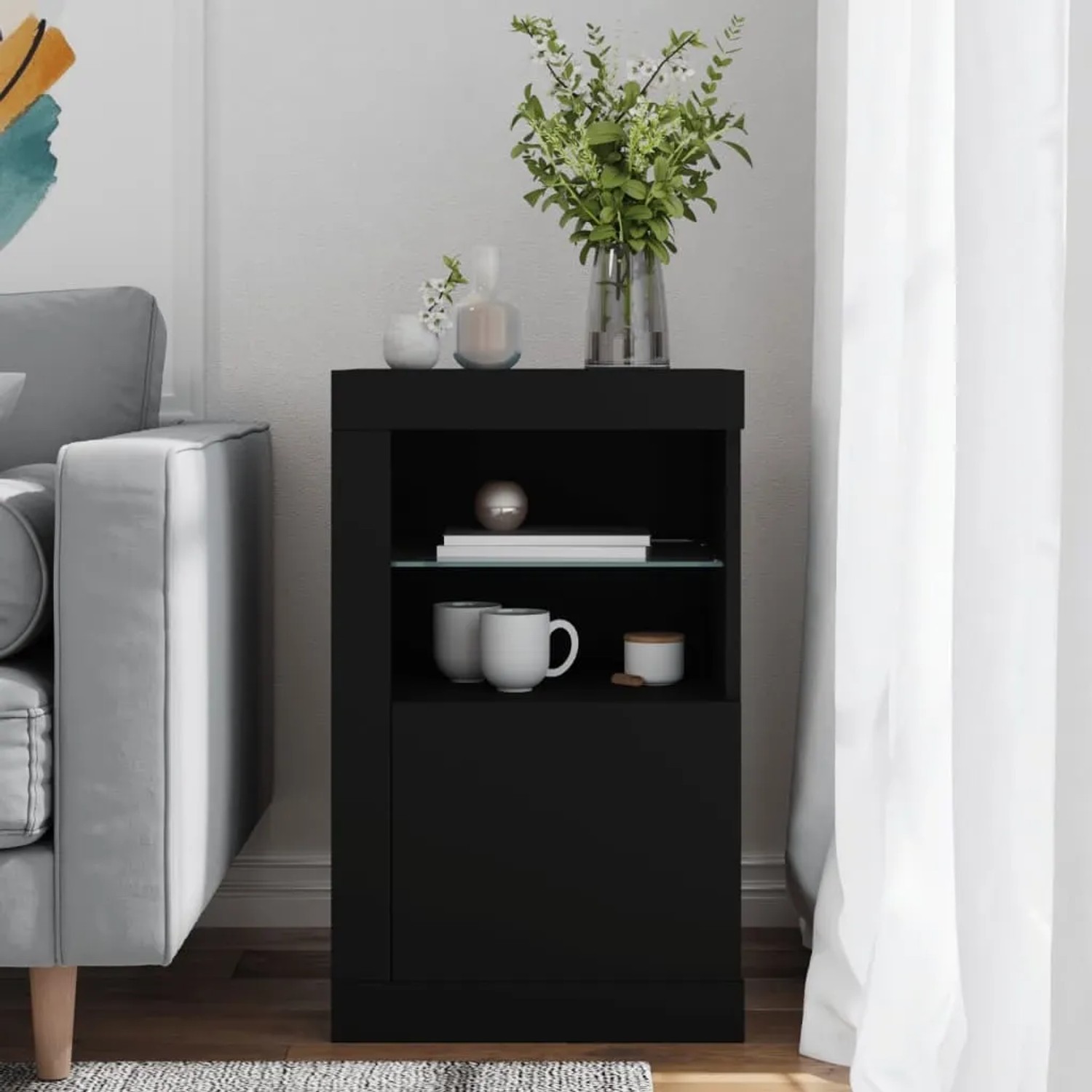 Schwarzer vidaXL Beistellschrank mit LED-Leuchten, Holzwerkstoff, Glasablage und Stauraum.