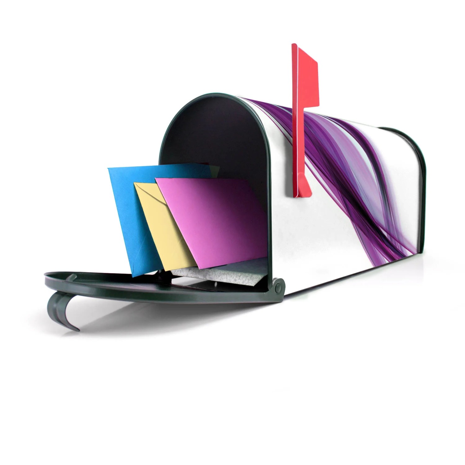 Grüner US Briefkasten mit Motiv Violet Element, Postkasten aus Stahl mit roter Fahne.