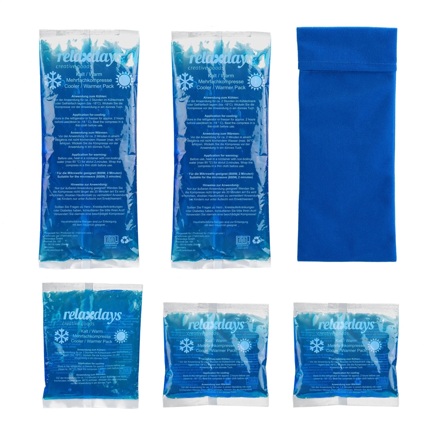 Relaxdays Kühlpads 5er Set Gel Blau Kalt Warm mit Hülle 28 cm x 12 cm x 1,5 cm