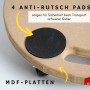 Detailaufnahme Transportroller mit MDF-Platte, Antirutschpads und Rollen. Werkstattwagen Zubehör.