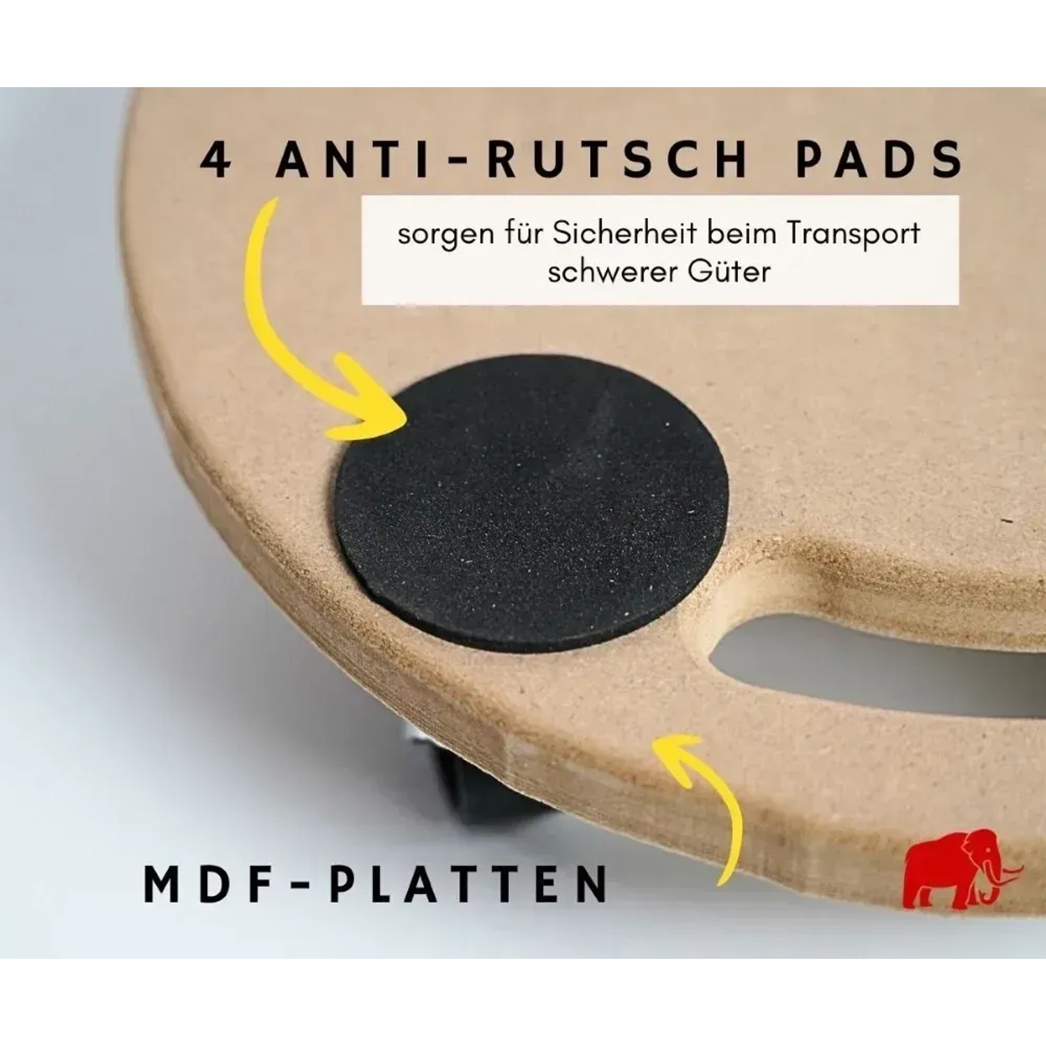 Detailaufnahme Transportroller mit MDF-Platte, Antirutschpads und Rollen. Werkstattwagen Zubehör.