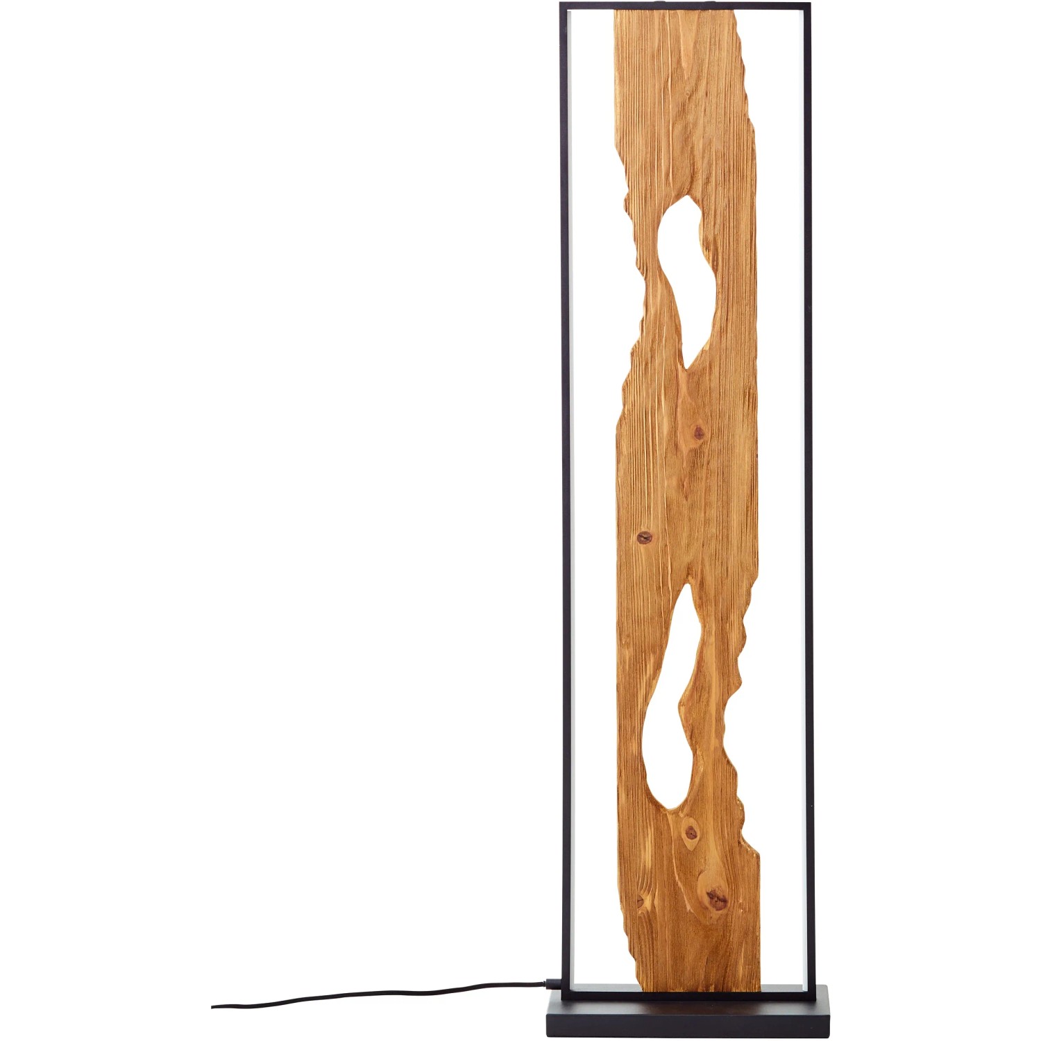 Moderne LED-Stehlampe Chaumont mit Holz-Dekor und schwarzem Rahmen, 120cm hoch.