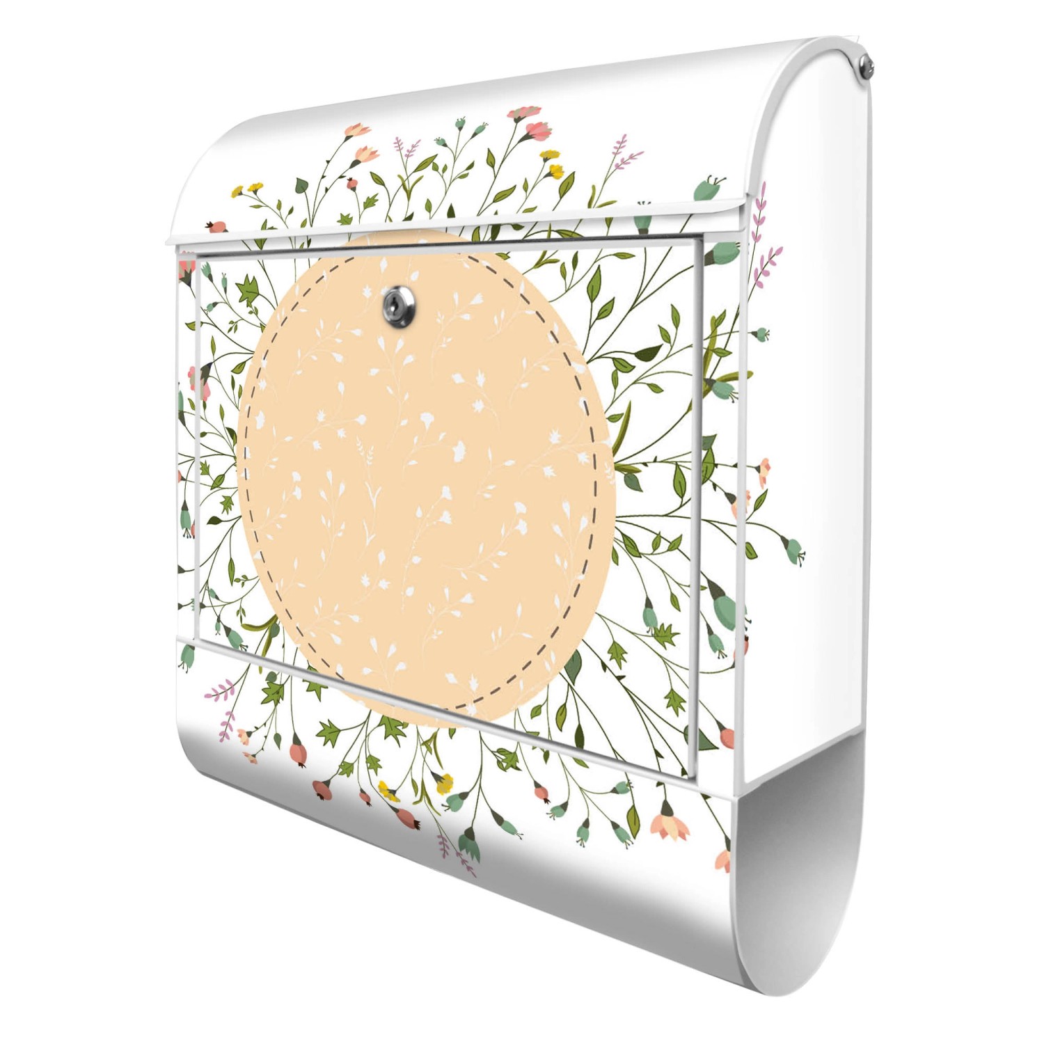 Banjado Design Briefkasten Weiß Pulverbeschichtet, 39x47x14cm, 2 Schlüssel, Mit Zeitungsfach Motiv Hibiskus Kreis
