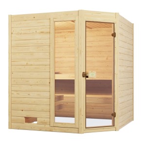 Weka Massivholzsauna Valida Eck mit Glastür und Fenster, 9 kW Ofen Sparset.
