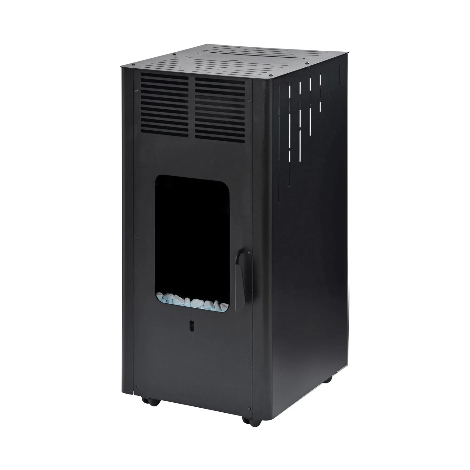 Schwarzer Firefix Gas-Heizofen Kamin 4200 Eco Plus mit Sichtfenster und Rollen.