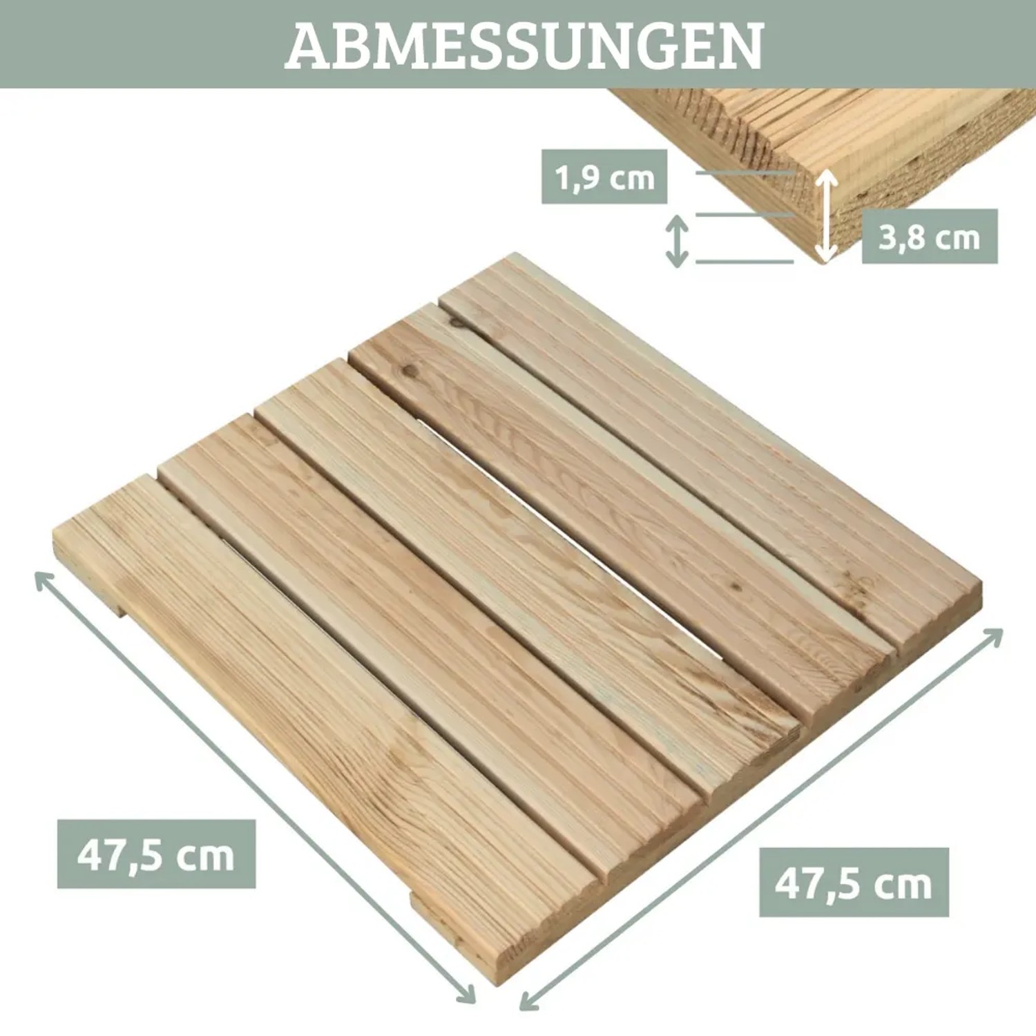 DELUKE Holzfliese Kiefer, 47,5x47,5 cm, geriffelt, mit Maßangaben.