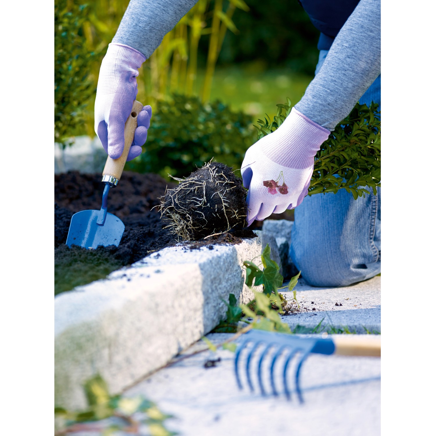 Gartenarbeit mit LUX Gartenhandschuhen Latex Lila Gr. 7 mit Blumendruck.