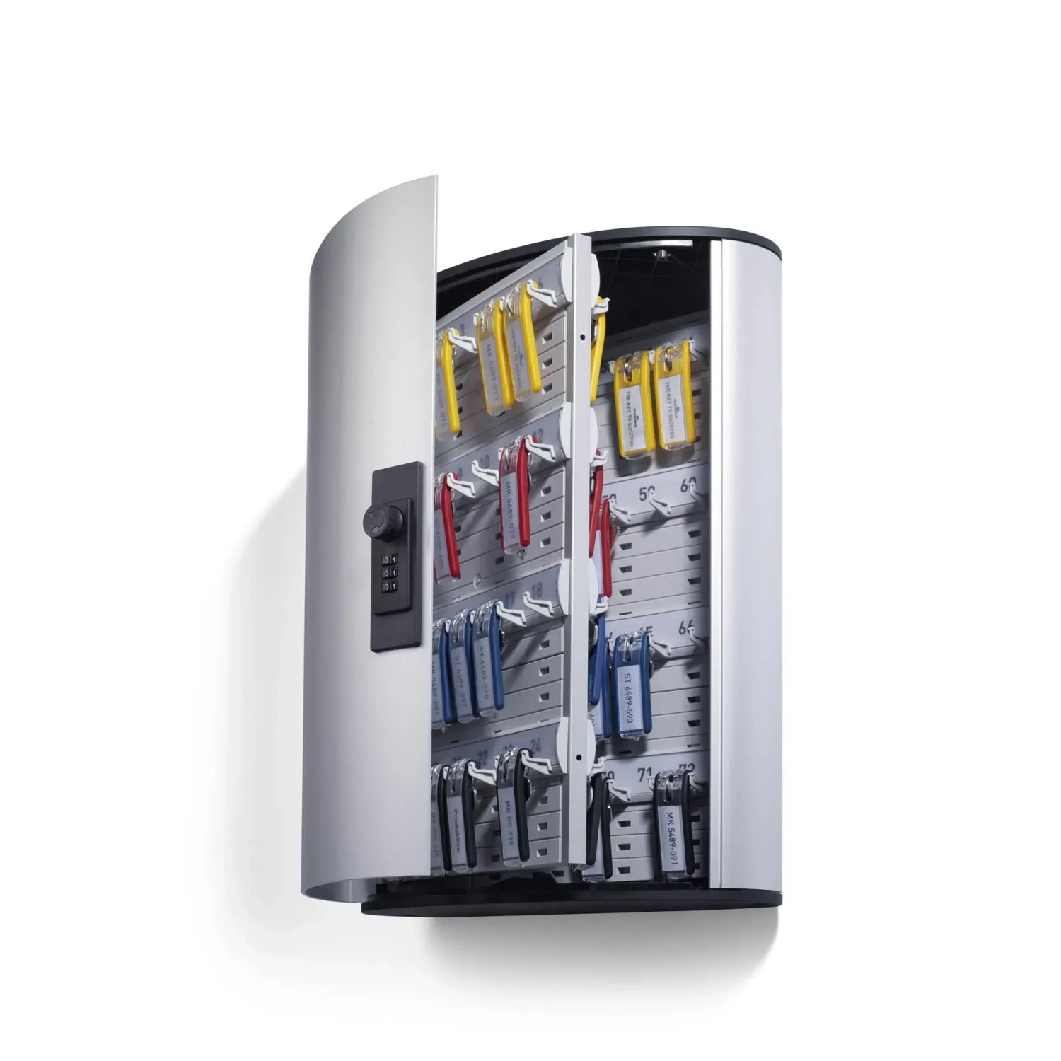 Silberner Durable Schlüsselkasten mit Zahlenschloss für 72 Schlüssel. Aufbewahrung und Ordnung.