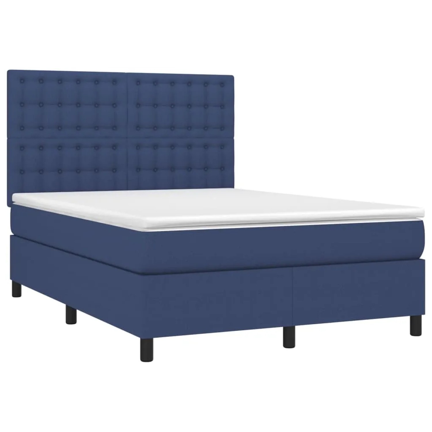Blaues Boxspringbett 140x200 cm mit Matratze und Stoffbezug.