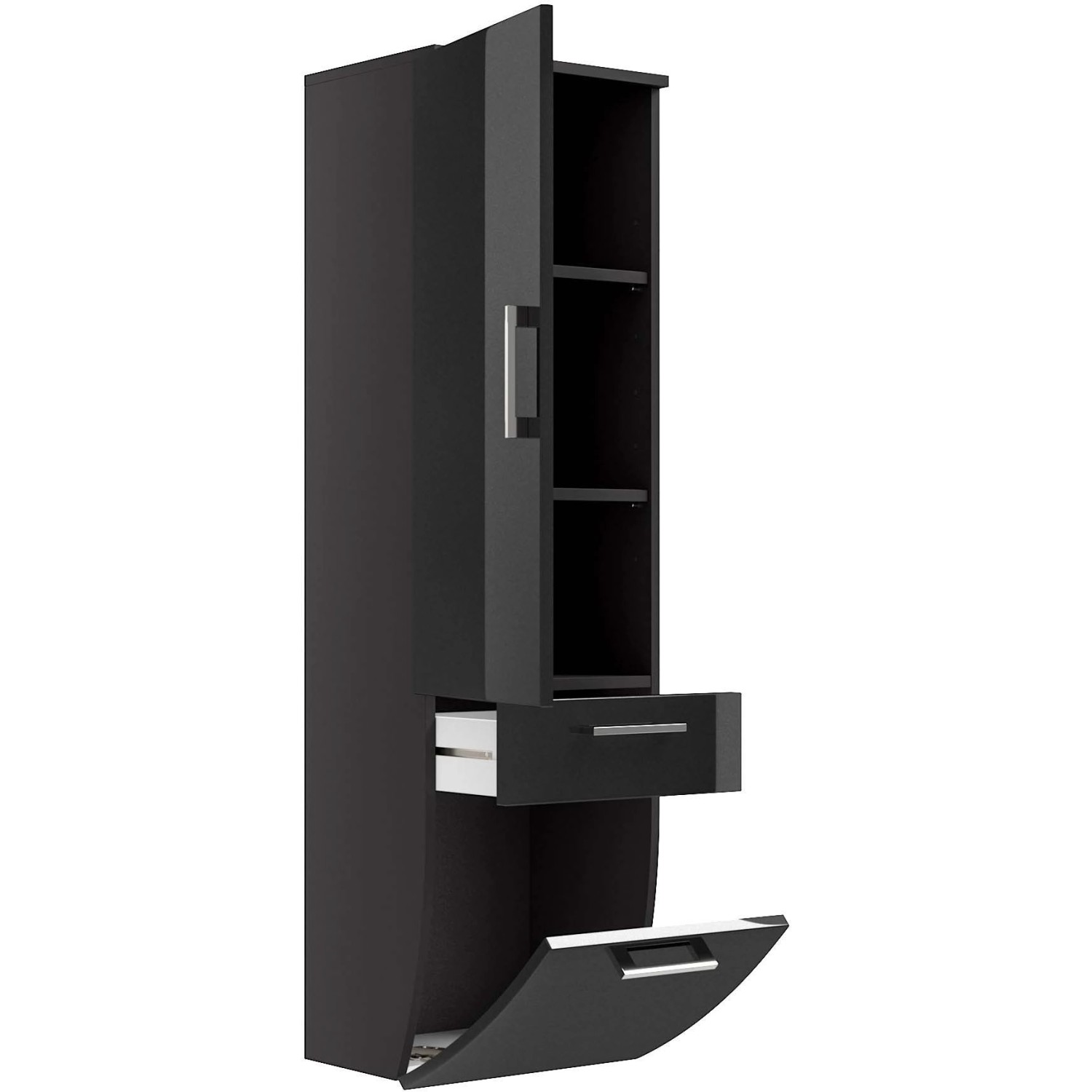 Posseik Bad-Hochschrank Rima, Anthrazit, 40 cm breit, mit offenen und geschlossenen Fächern.