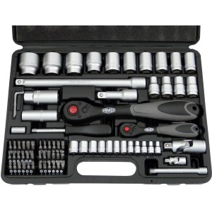 Famex Alu-Werkzeugkoffer mit Steckschlüsselsatz, Werkzeugkasten geöffnet mit Werkzeugen.