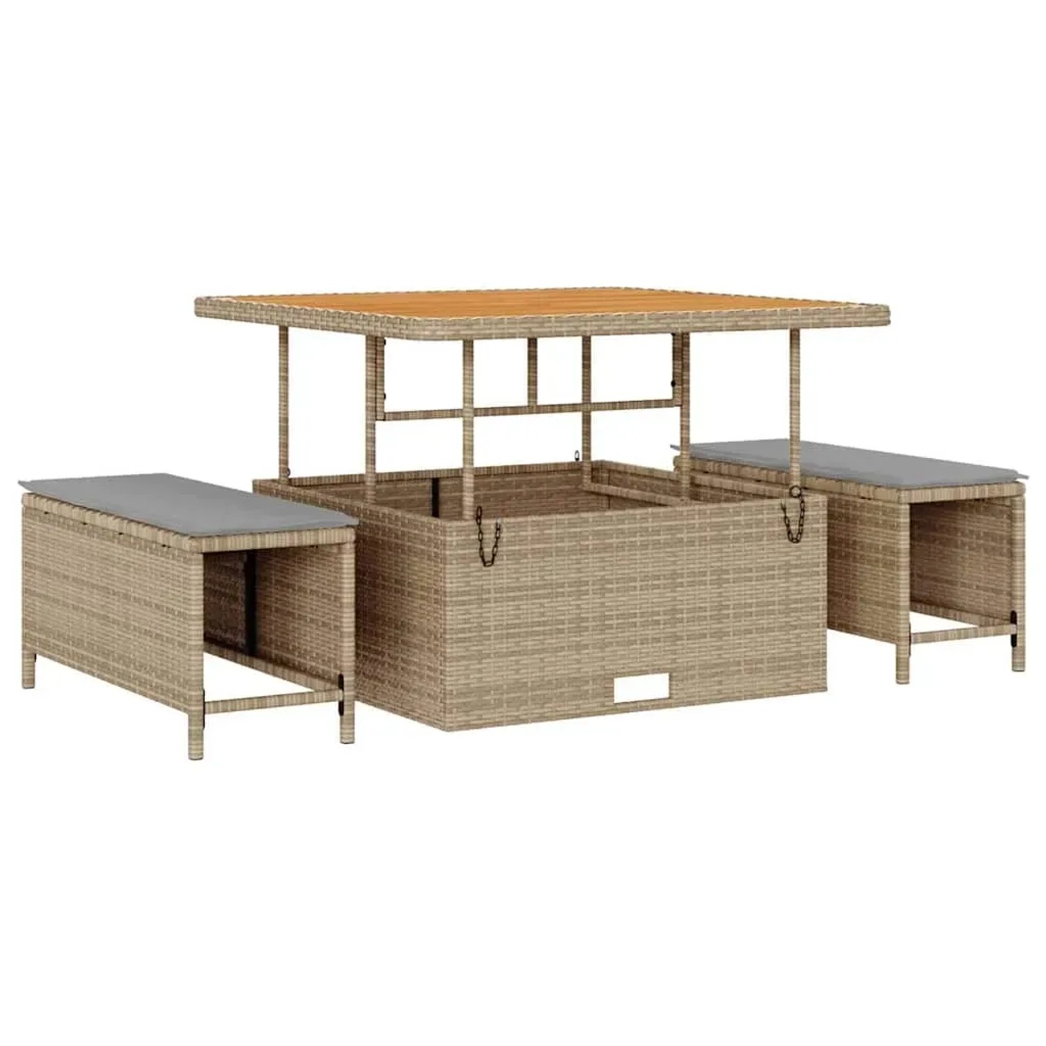Beiges 9-teiliges vidaXL Garten-Sofa-Set aus Polyrattan mit Tisch und Hockern.