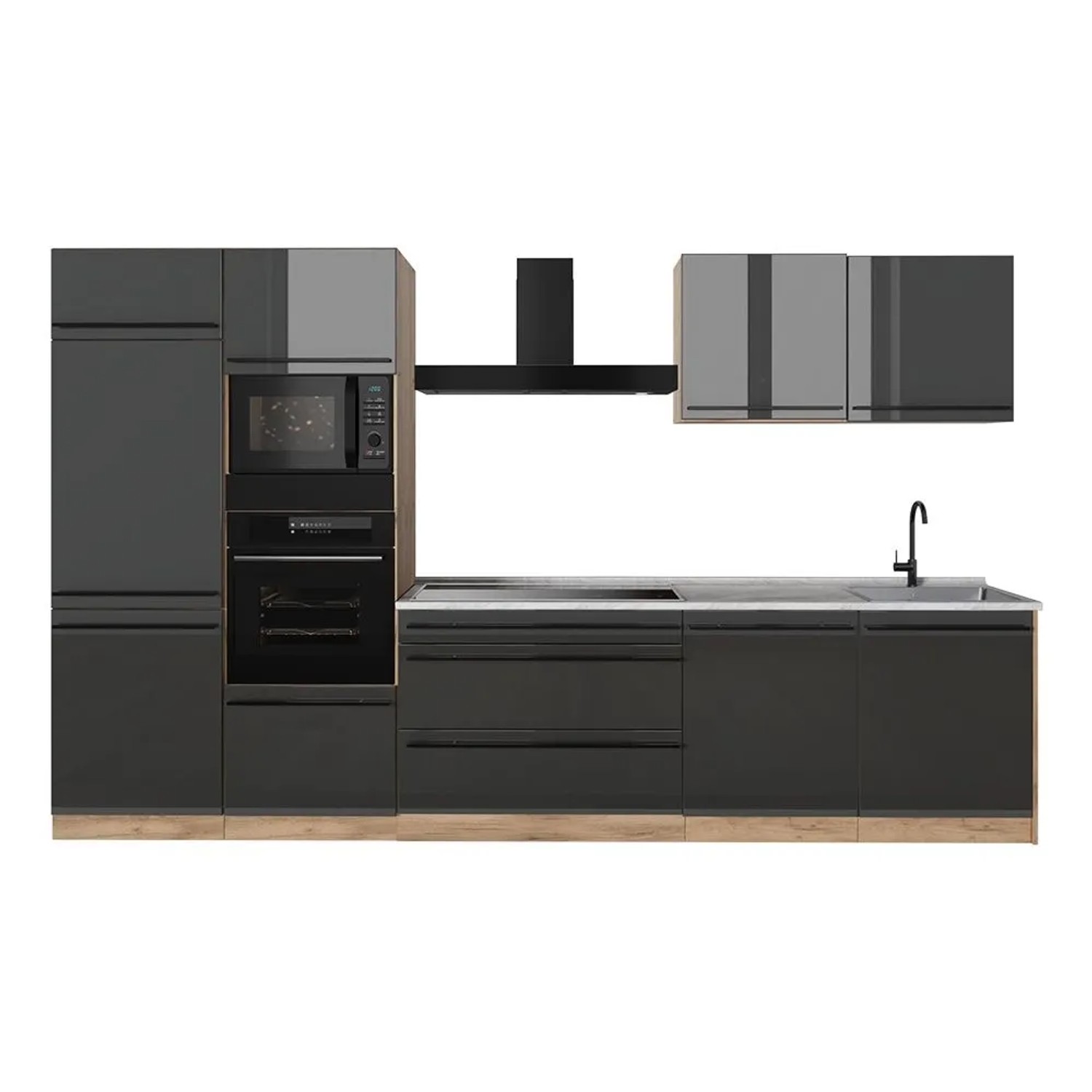 Vicco Küchenzeile R-Line Anthrazit Hochglanz/Goldkraft Eiche 340 x 207 Arbeitsplatte Marmor Art Nr 66571
