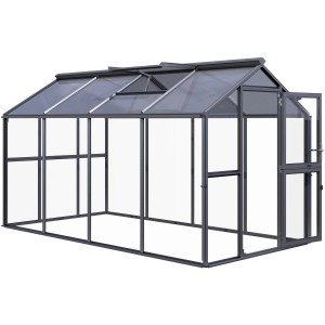 KGT Gewächshaus Galant IV, Anthrazit-Grau, 8,8 m², mit geöffneter Tür und Dachfenster.