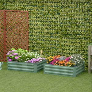 Outsunny Hochbeet-Set aus Stahl, 2 grüne Blumenkästen mit bunten Blumen, 100x100x30cm.
