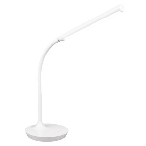 Weiße LED-Tischleuchte Toro mit flexiblem Arm, ideal für Schreibtisch oder Nachttisch.
