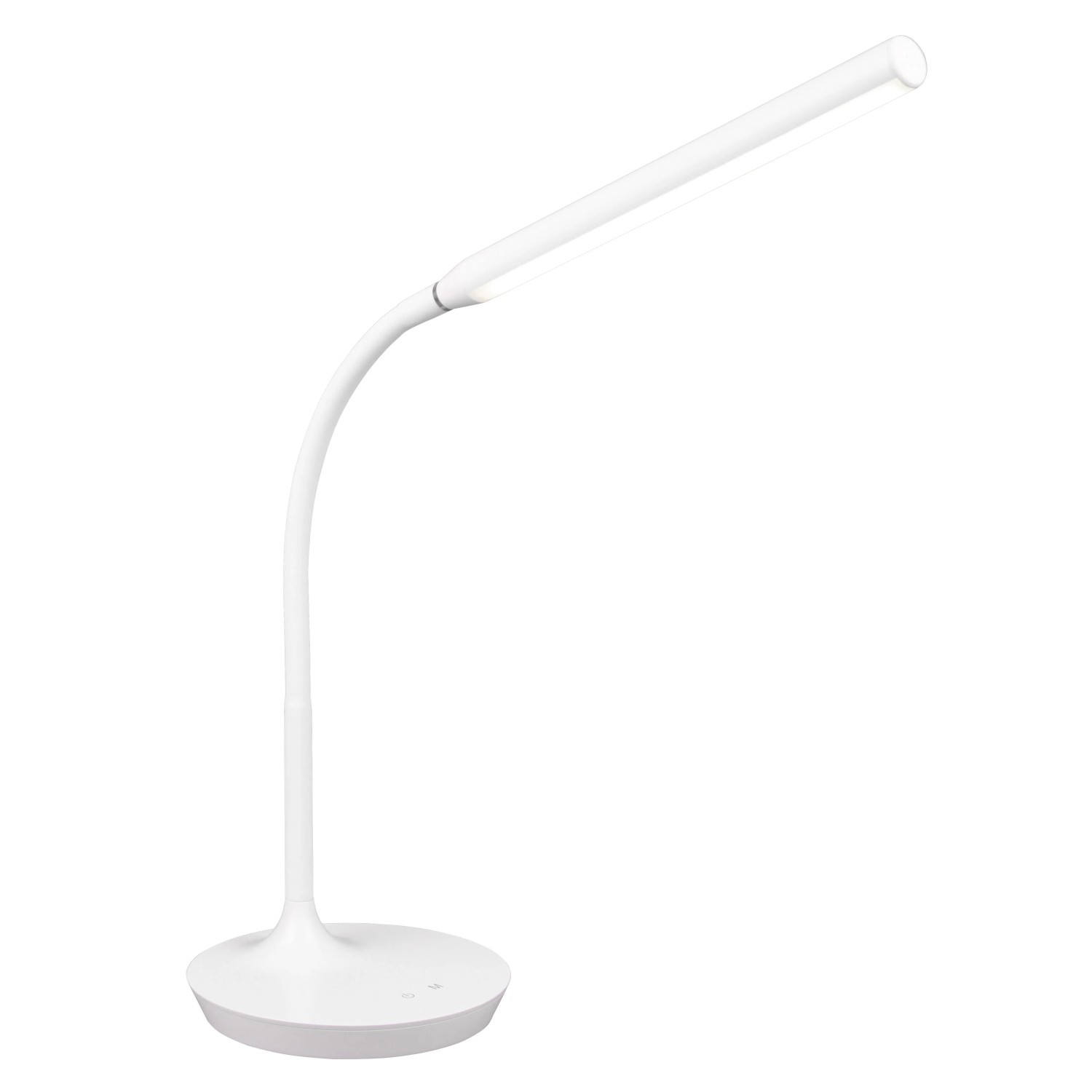 Weiße LED-Tischleuchte Toro mit flexiblem Arm, ideal für Schreibtisch oder Nachttisch.