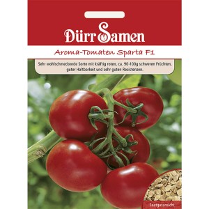 Dürr Samen Tomaten Sparta F1: Saatgutpackung mit reifen, roten Tomaten am Strauch.