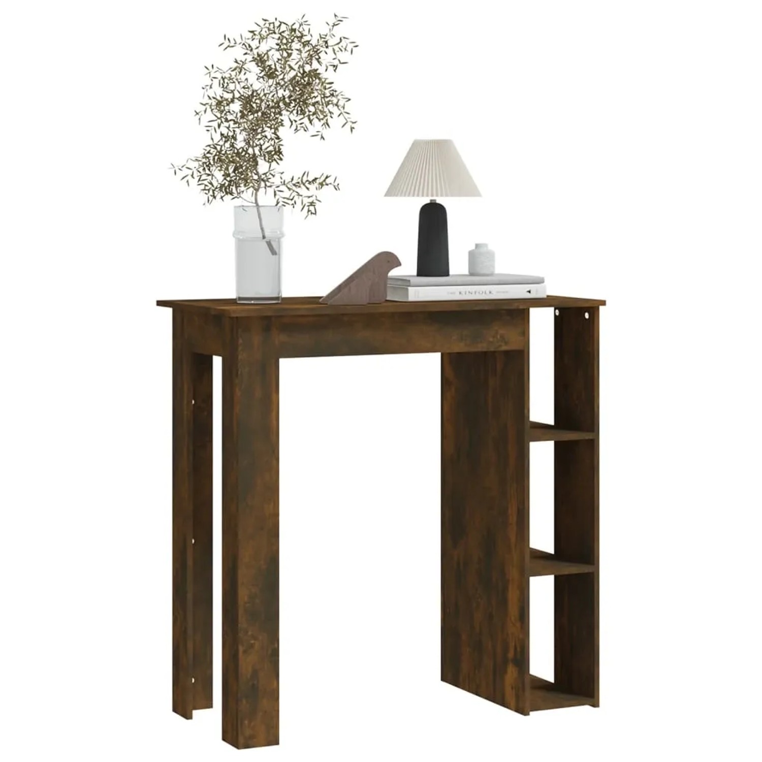 vidaXL Bartisch mit Regal in Räuchereiche, 102x50x103,5 cm. Stehtisch aus Holzwerkstoff mit Ablagen.