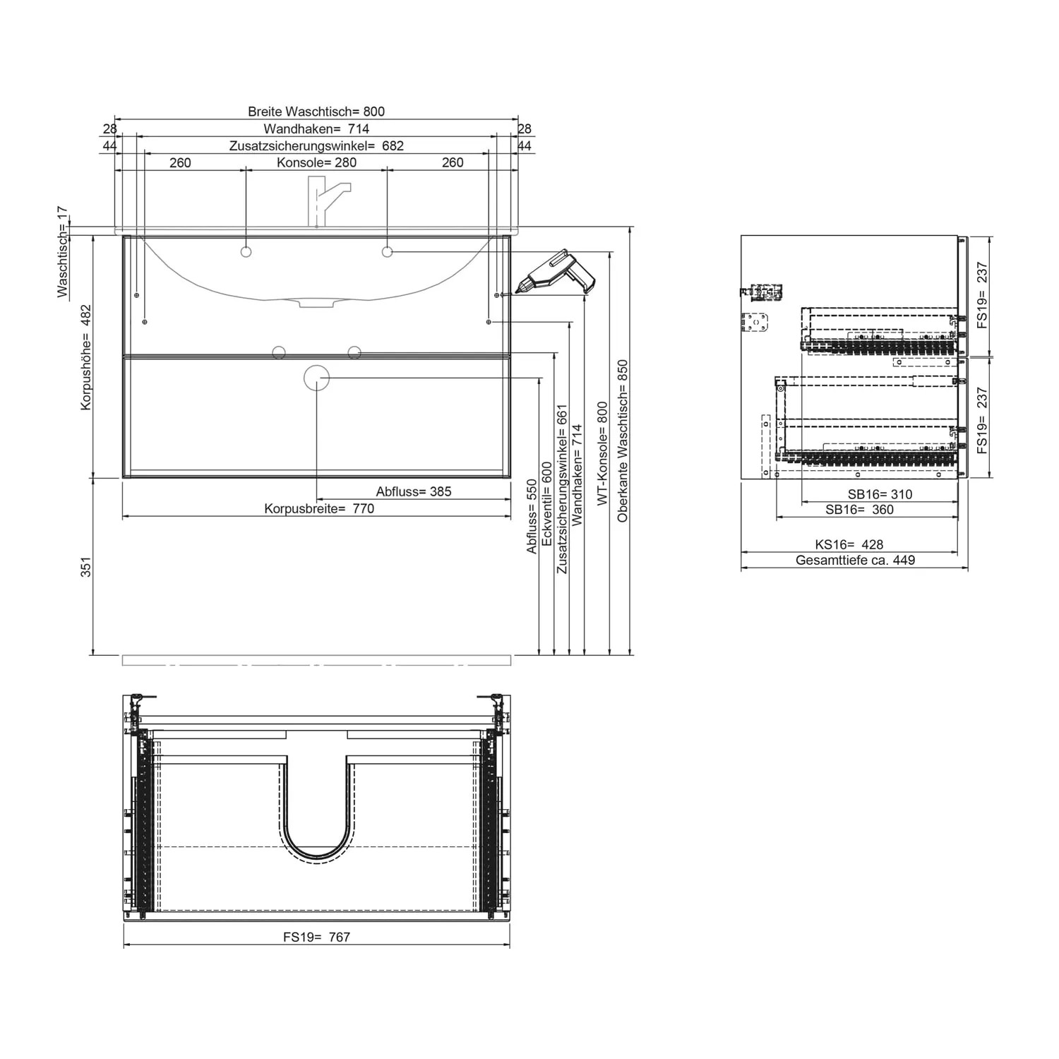 Technische Zeichnung Steinkamp Unterschrank Living 2.0 mit GROHE Waschtisch Essence 80 cm, Maße und Details.