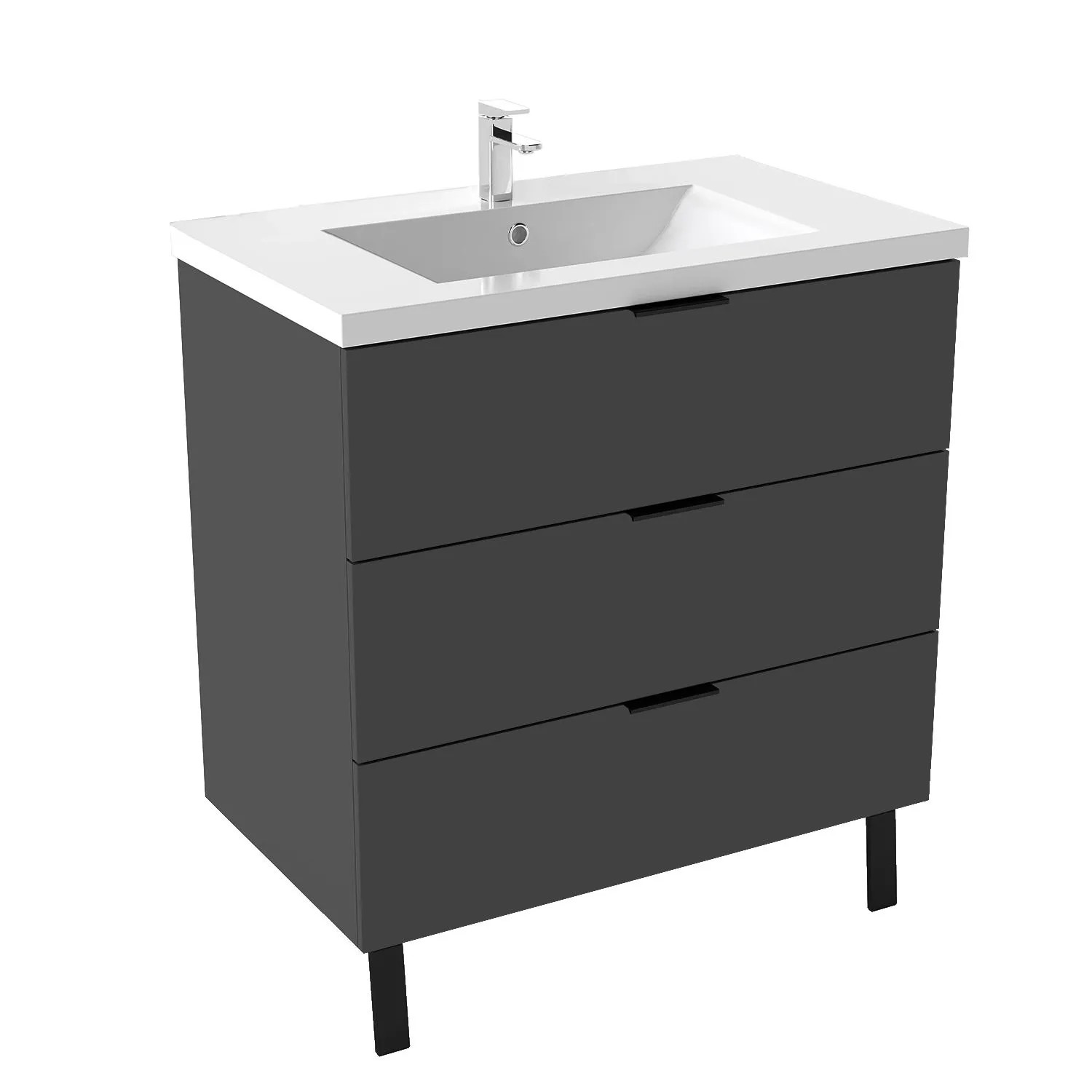 AICA Waschtisch mit Unterschrank 80 cm Kantin Badmöbel Set 2 tlg. Waschbecken mit Standschrank Anthrazit Hochglanz Griffen & Füße Softclose