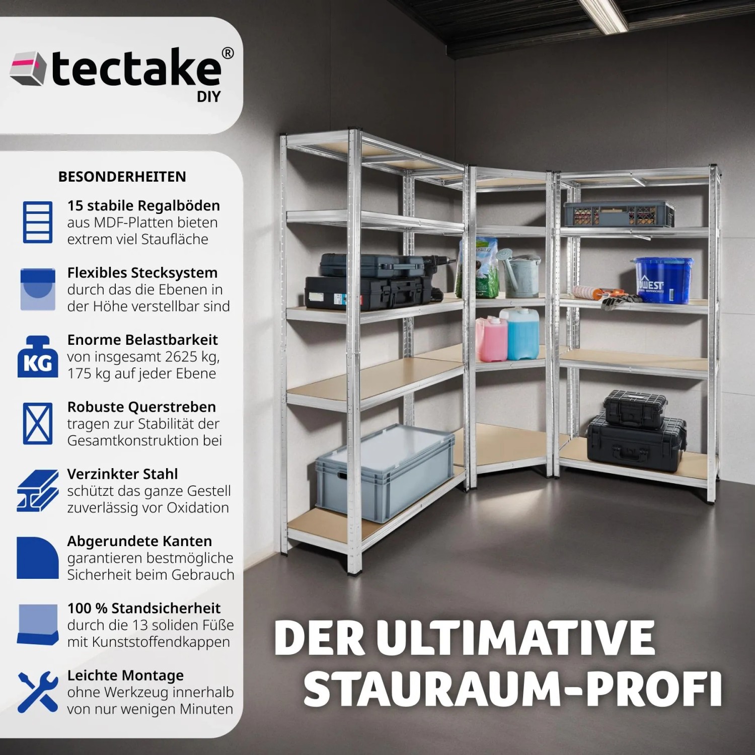 Tectake Schwerlastregalsystem Gustav 3 Teilig  2 In 1 Verwendung Als Werkbänke Verzinktes Stahlgestell  165 x 165 x 180 cm Silber_2