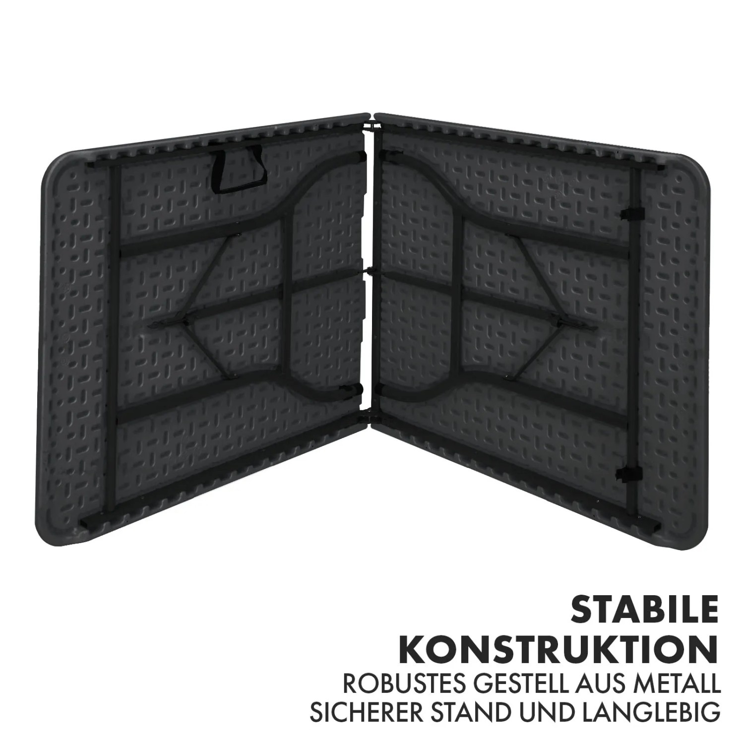 Zusammengeklappter, schwarzer KARAT Klapptisch Kyoto mit wetterfester Platte und Stahlgestell.