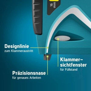 Detailaufnahme Novus J-17 Handtacker: Präzisionsnase, Klammersichtfenster, Designlinie.