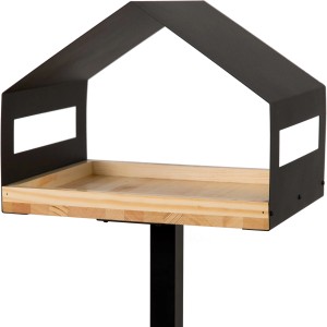 WONDERMAKE Vogelhaus cibarium4 mit schwarzem Dach und Holztablett auf Metallständer.