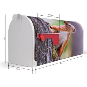 Weißer US Briefkasten mit Eichhörnchen Motiv, Stahl pulverbeschichtet, 48x22x16cm.