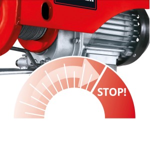 Detailaufnahme des Einhell TC-EH 250 Seilhebezugs mit roter Motorabdeckung und Stop-Symbol.
