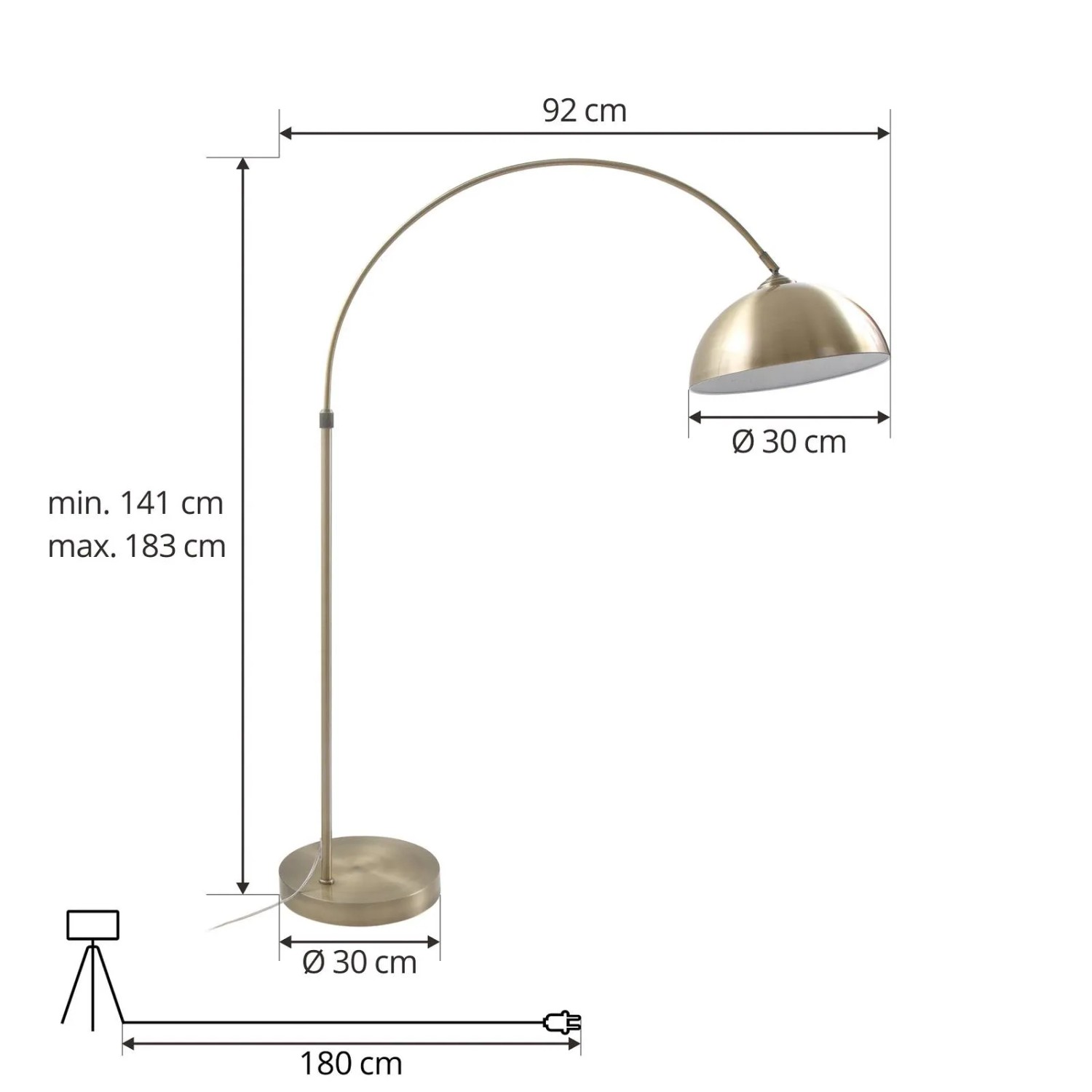 Bronze Bogenlampe Lennart: Stehleuchte aus Metall für Wohnzimmer, 183 cm hoch.