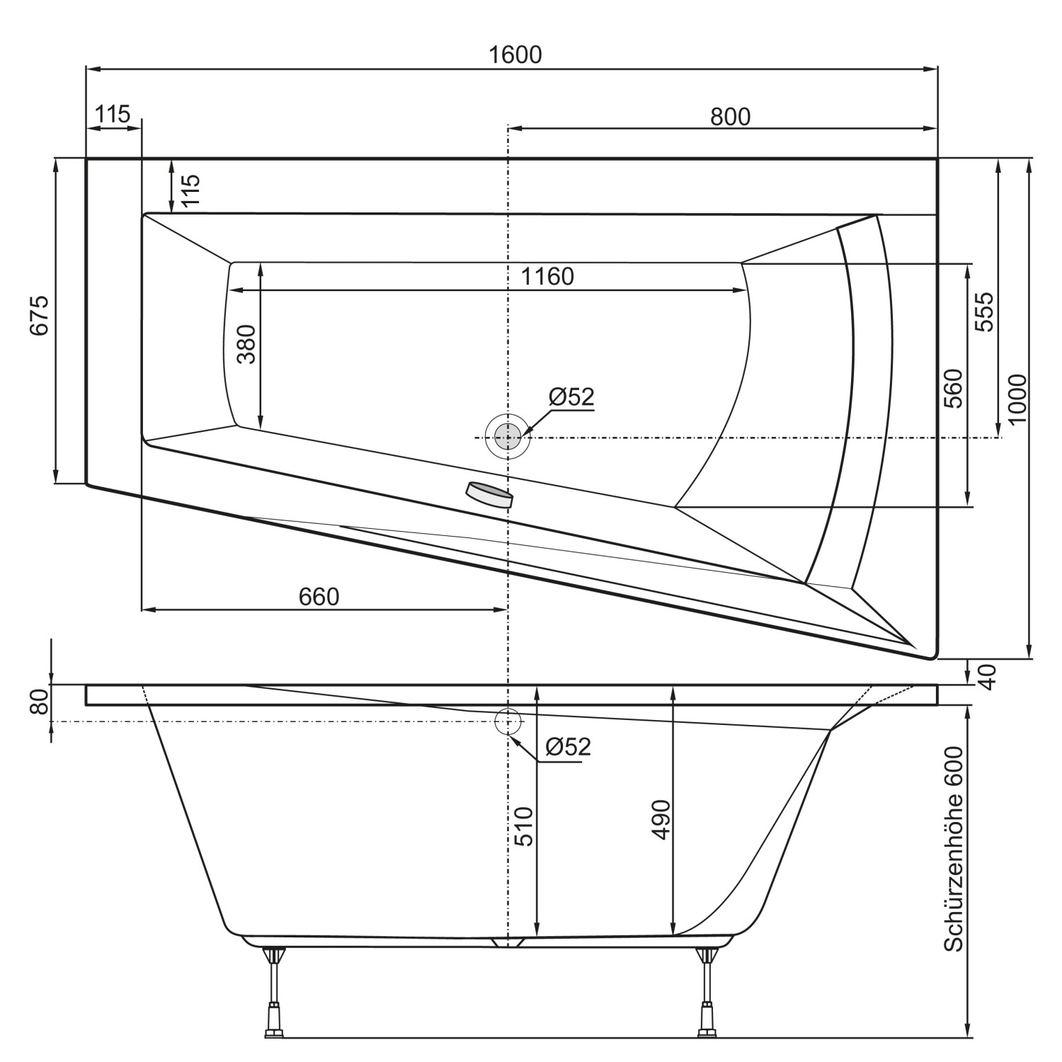 Technische Zeichnung der rechten Eckbadewanne Galia, 1600x1000x675 mm, mit Maßangaben.