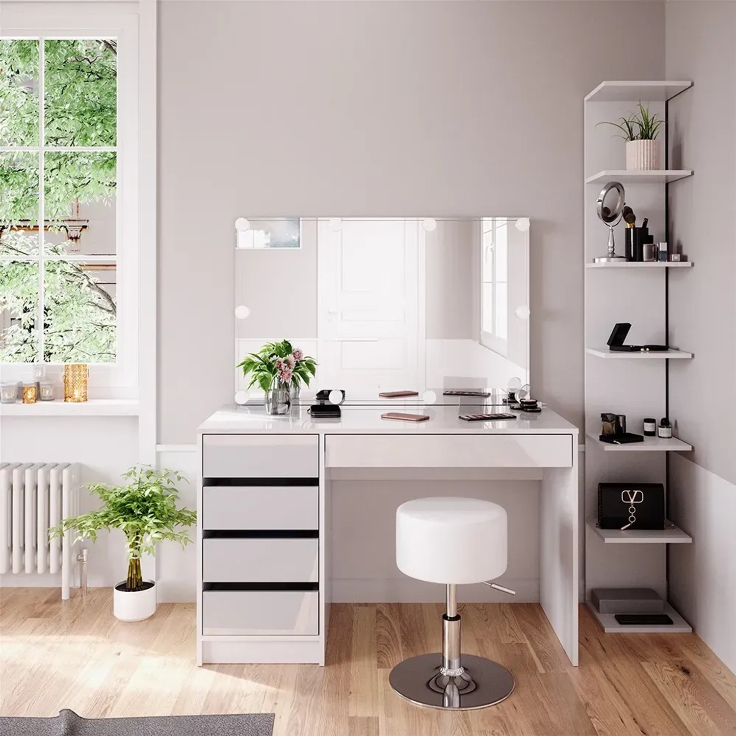 Vicco Schminktisch Sherry, weiß, 4-teilig mit Spiegel, Regal, Hocker und LED-Beleuchtung.