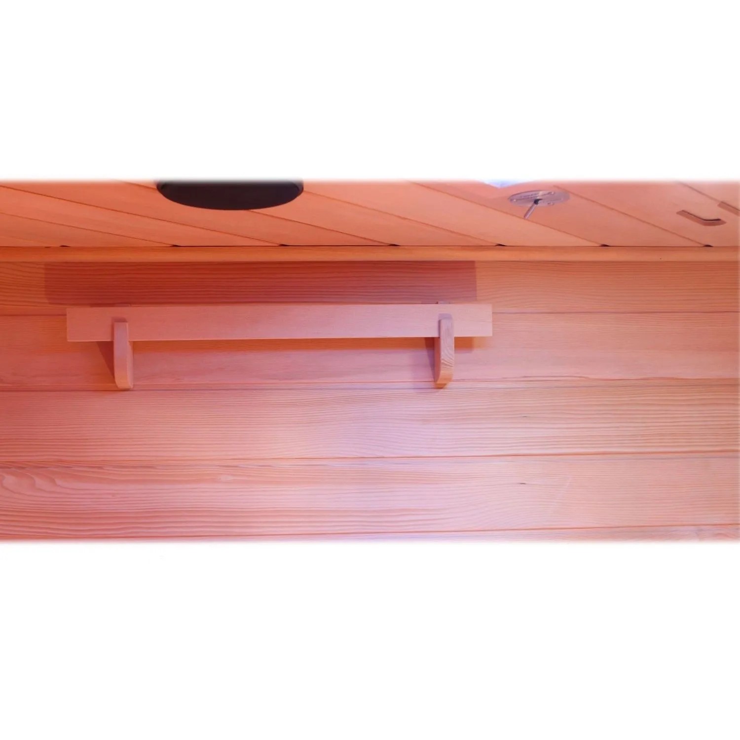 Innenansicht Dewello Infrarotkabine Haley mit Ablage aus Hemlock Tannenholz.