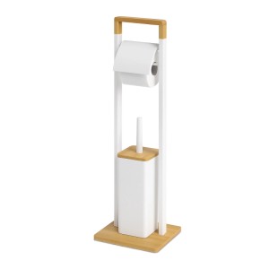 Freistehende WC-Garnitur aus Edelstahl und Bambus, weiß, mit Toilettenpapierhalter und Bürste.