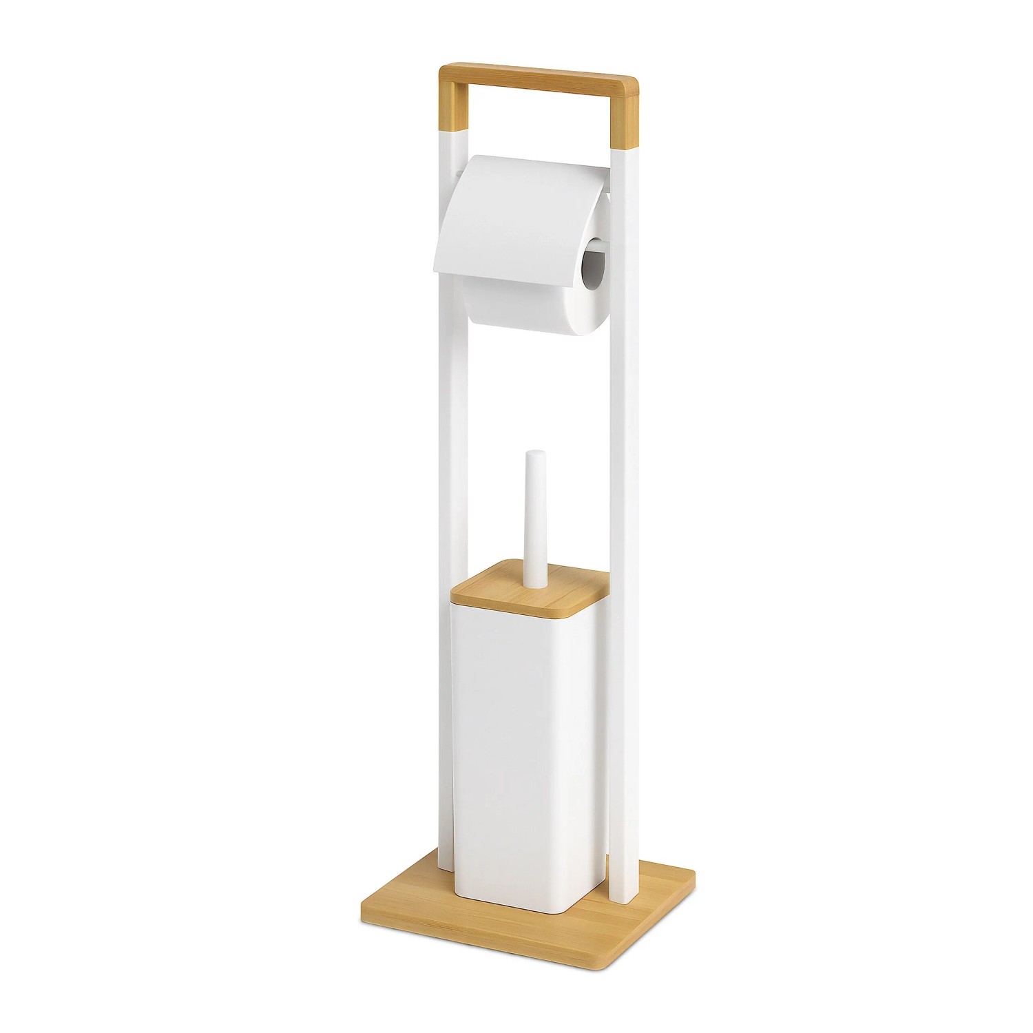 Relaxdays WC Garnitur Edelstahl Bambus Weiß Freistehend 76,5 cm x 28 cm x 18 cm 1,2 kg