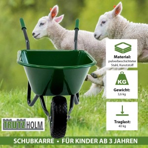 Grüne TRUTZHOLM Kinderschubkarre mit Vollgummirad vor Weidelandschaft.