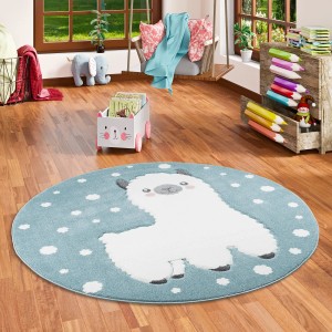 Runder, pastellblauer Kinderteppich mit Alpaka-Motiv, 200x200 cm.