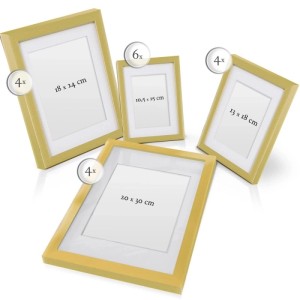 Bomoe Passion Bilderrahmen Set, 18-teilig, goldfarben, verschiedene Größen, MDF-Holz.