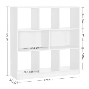 Weißes Songmics Bücherregal "Custos" mit 8 Fächern und Maßangaben.