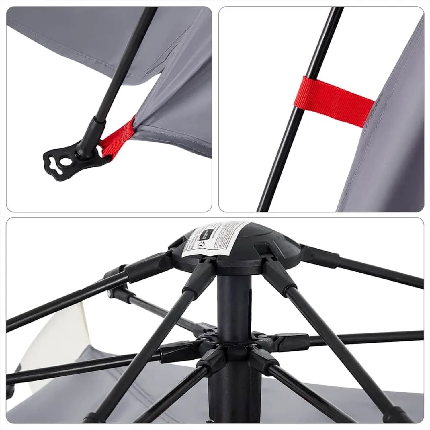 Detailansicht: Gestänge und Befestigung des grauen Strandzelts für 3 Personen.
