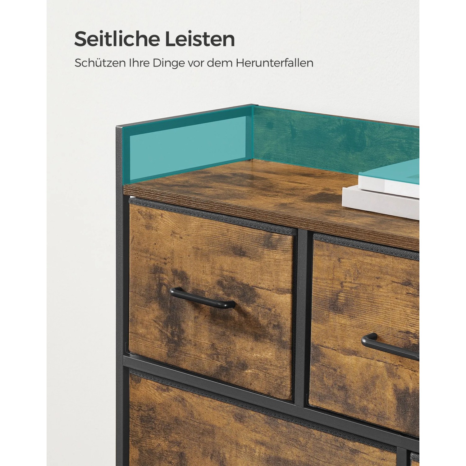 Detailansicht: Songmics Kommode mit 7 Stoffschubladen, braun-schwarz, mit seitlichen Leisten.