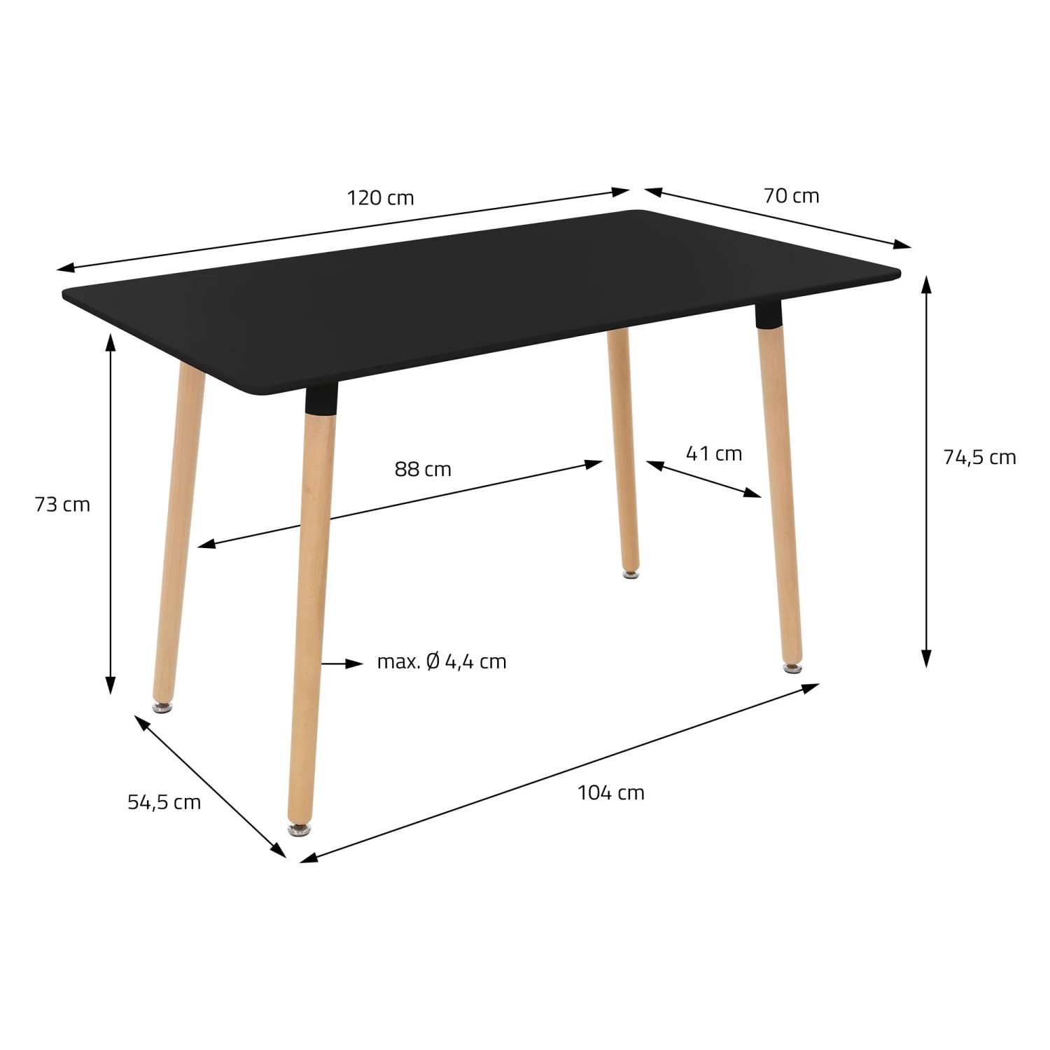 Schwarzer ML-Design Esstisch aus Holz, 120x70 cm, rechteckig, mit hellen Holzbeinen.