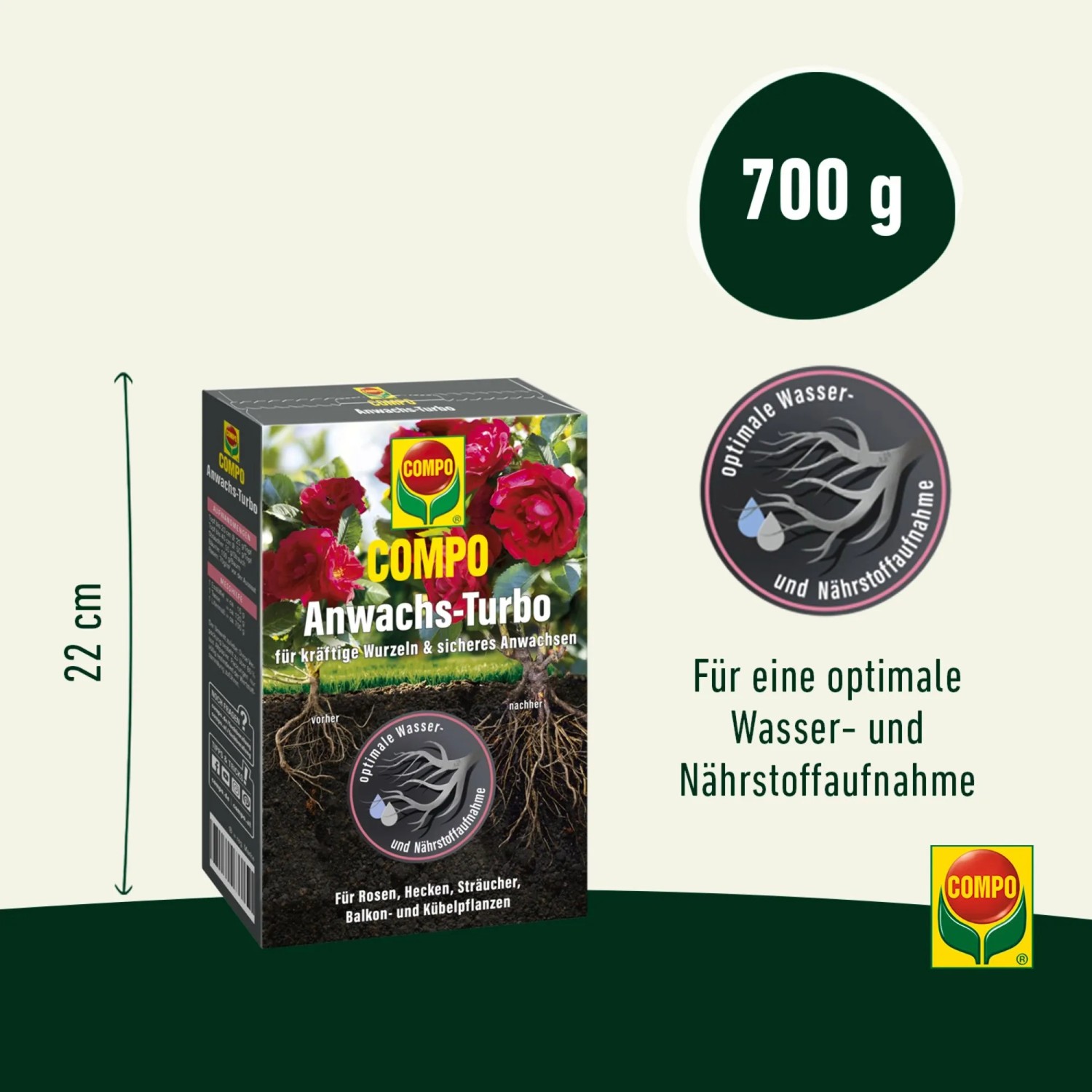 Compo Wurzel-Turbo 700g: Bewurzelungshilfe für kräftiges Wachstum, geeignet für Rosen, Sträucher und Kübelpflanzen.