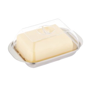 Butterdose aus Edelstahl mit transparentem Deckel für 250g Butter. Praktisch und stilvoll für den Frühstückstisch.