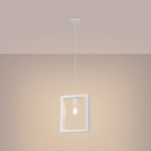 Weiße Sollux Lighting Pendelleuchte Aries mit quadratischem Holzrahmen. Hängelampe im skandinavischen Stil.