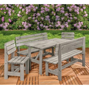 Grauer Wilk Gartenstuhl Robusto aus FSC-Kiefernholz, 90x51x50 cm, Teil eines Gartenmöbel-Sets.