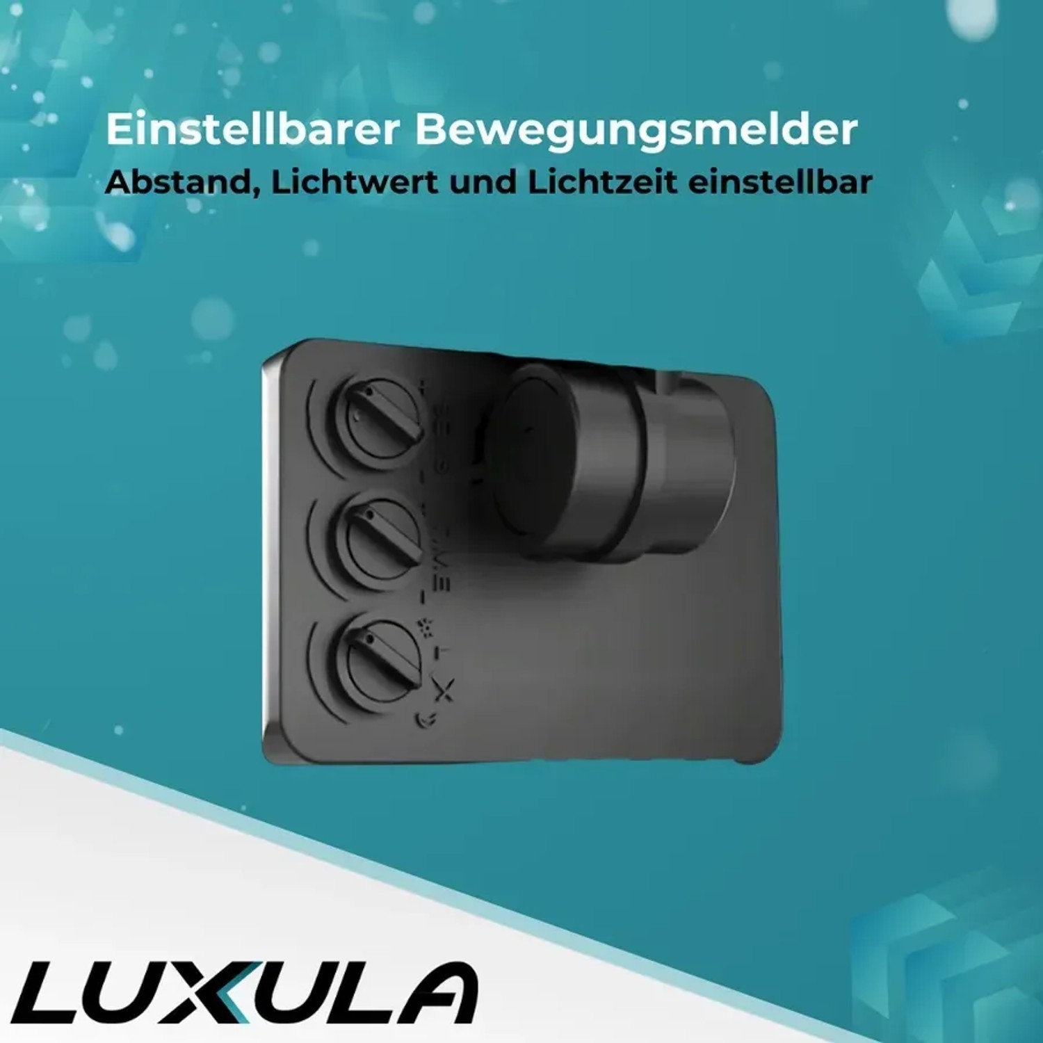 Detailaufnahme des LUXULA LED Fluter Bewegungsmelders mit Einstellknöpfen für Licht und Abstand.